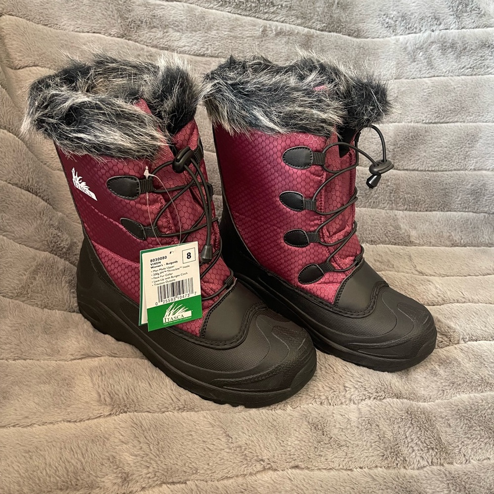 Itasca Vixen Burgundy and Black Faux Fur Winter Boots Size 8